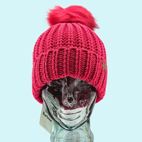 Barbour Saltburn Hat Beanie Pink Dahlia Faux Fur Pom Pom Cottagecore Barbiecore